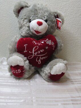 Soft Gray Stuffed Bear Animal Toy Plush Cuddly Lovey 2015 Heart Love you